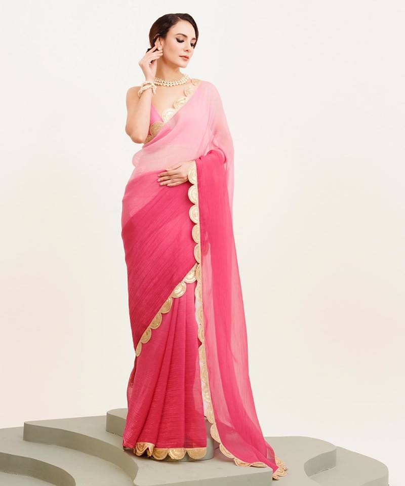 pink ombre dyed sequinned chiffon saree with blouse