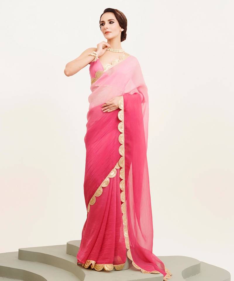 pink ombre dyed sequinned chiffon saree with blouse