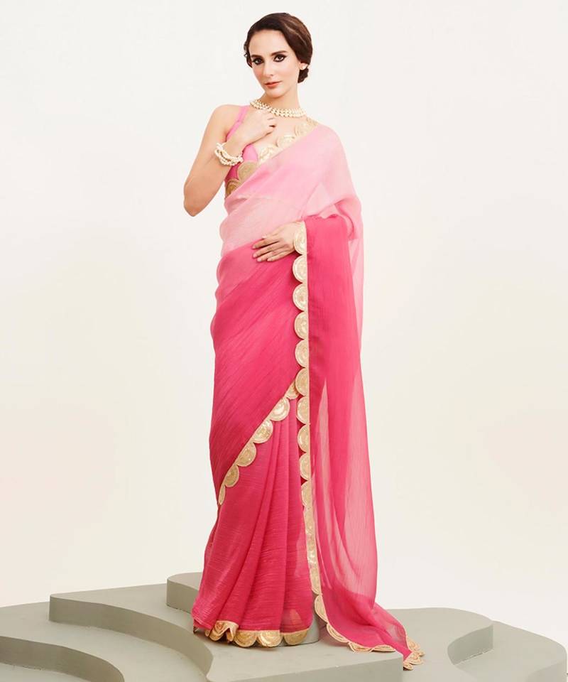 pink ombre dyed sequinned chiffon saree with blouse