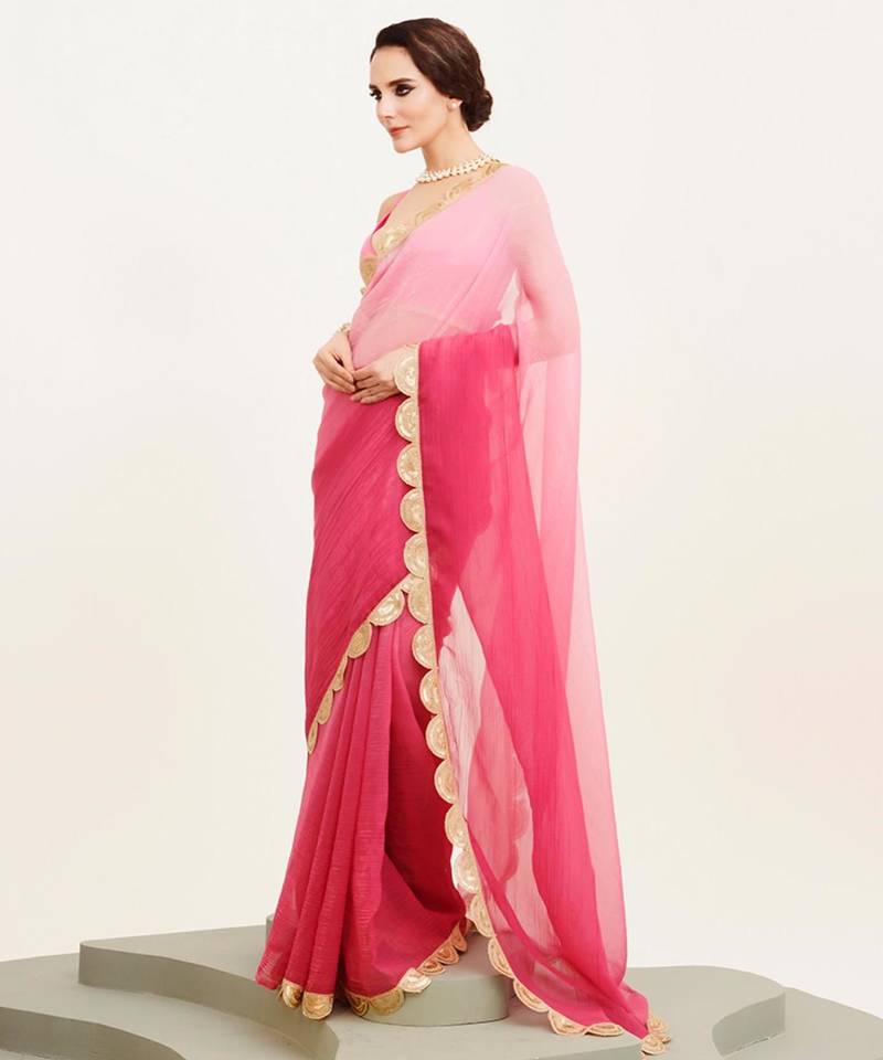 pink ombre dyed sequinned chiffon saree with blouse