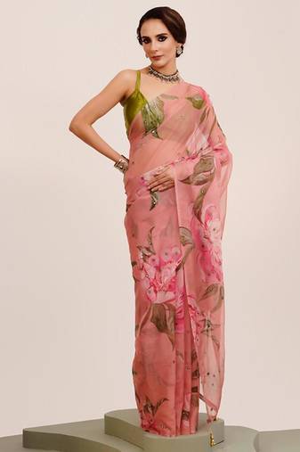 Peach floral mirror work organza saree with blouse