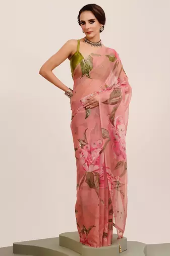 Peach floral mirror work organza saree with blouse