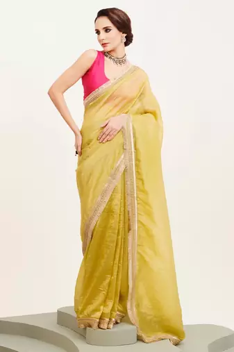 Yellow sequinned designer saree with blouse