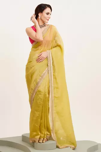 Yellow sequinned designer saree with blouse