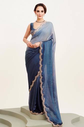 Blue ombre beads and stones embellished saree with blouse