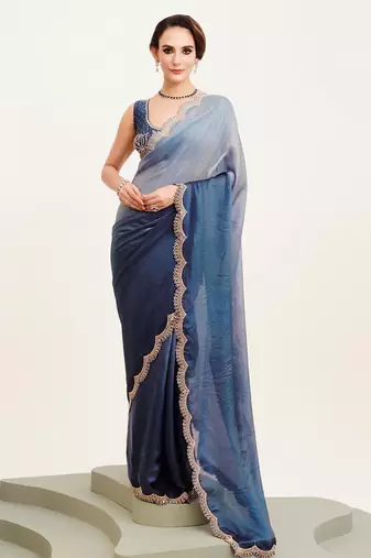 Blue ombre beads and stones embellished saree with blouse