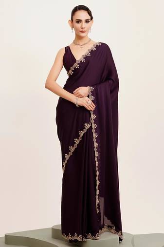Wine beads and stones satin embellished saree with blouse