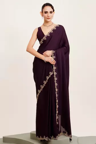 Wine beads and stones satin embellished saree with blouse