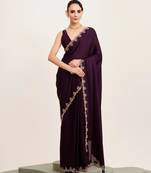 Wine beads and stones satin embellished saree with blouse