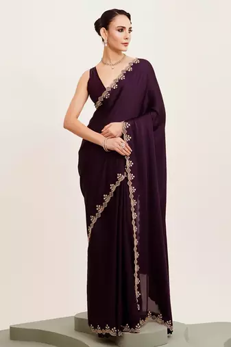 Wine beads and stones satin embellished saree with blouse