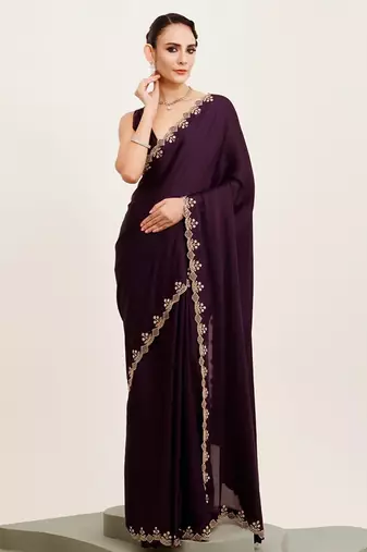 Wine beads and stones satin embellished saree with blouse