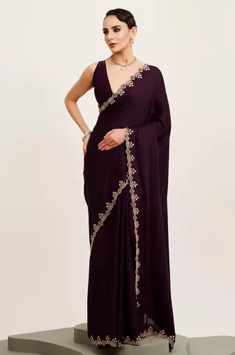 Wine beads and stones satin embellished saree with blouse
