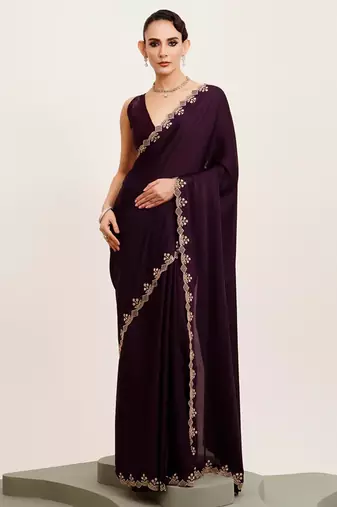 Wine beads and stones satin embellished saree with blouse
