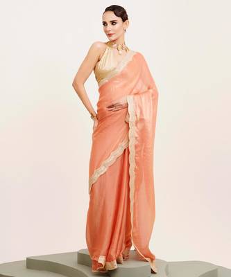Peach solid satin saree with embellished border 3