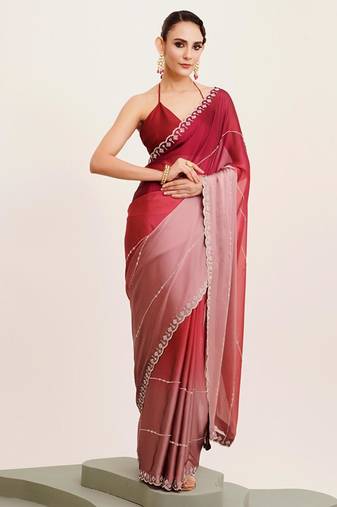 Maroon ombre beads and stones satin saree with blouse