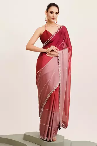 Maroon ombre beads and stones satin saree with blouse
