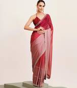 Maroon ombre beads and stones satin saree with blouse