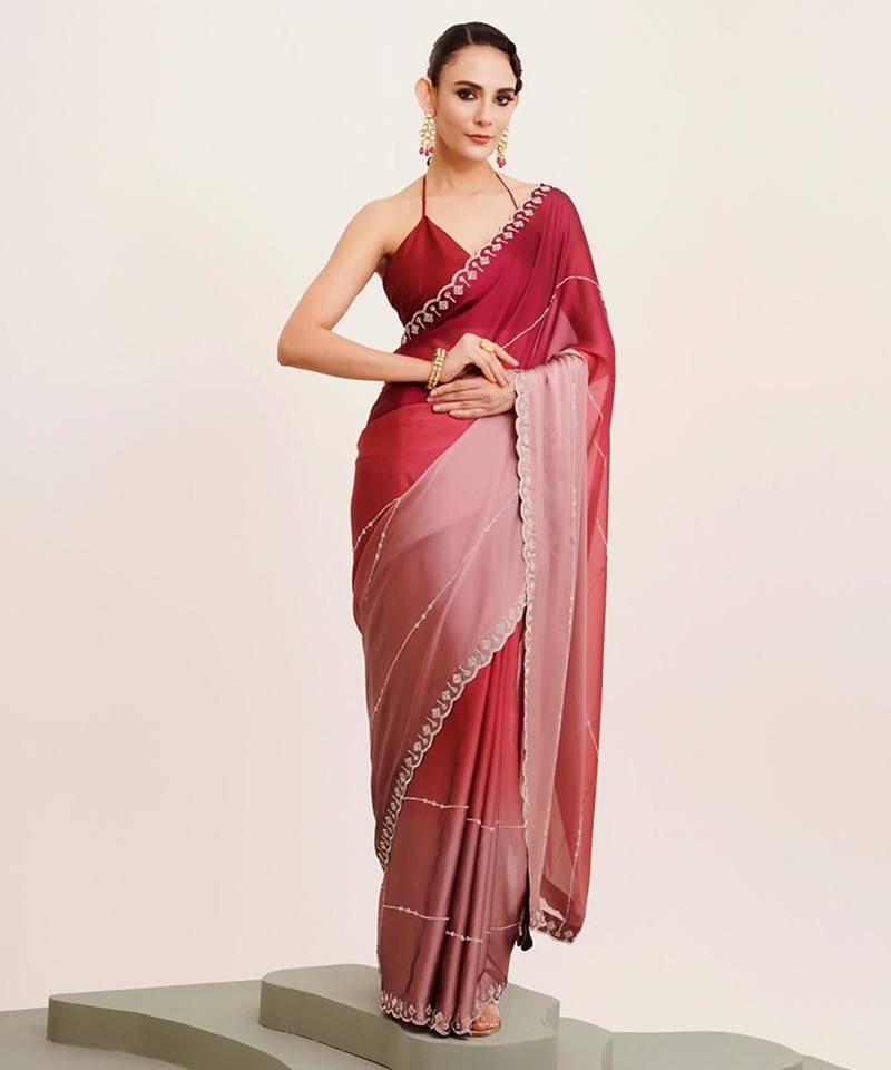 Maroon ombre beads and stones satin saree with blouse