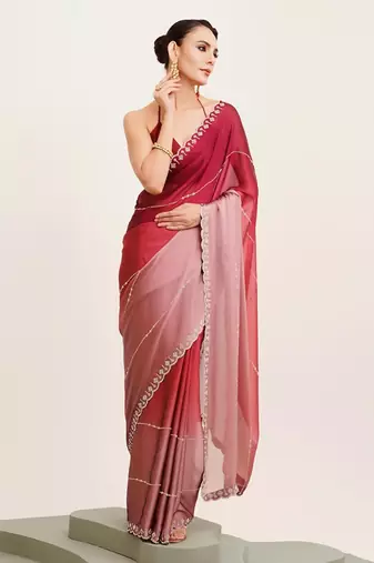 Maroon ombre beads and stones satin saree with blouse