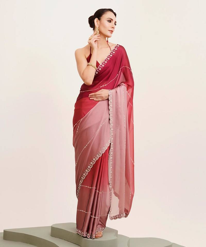Maroon ombre beads and stones satin saree with blouse