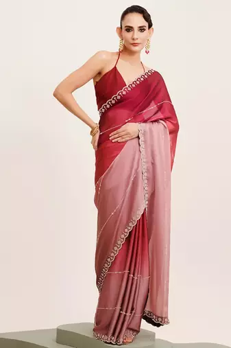 Maroon ombre beads and stones satin saree with blouse
