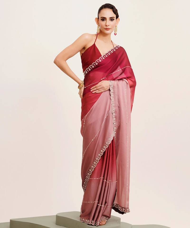 Maroon ombre beads and stones satin saree with blouse