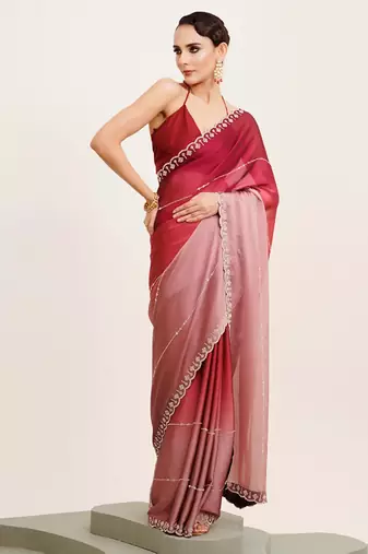 Maroon ombre beads and stones satin saree with blouse