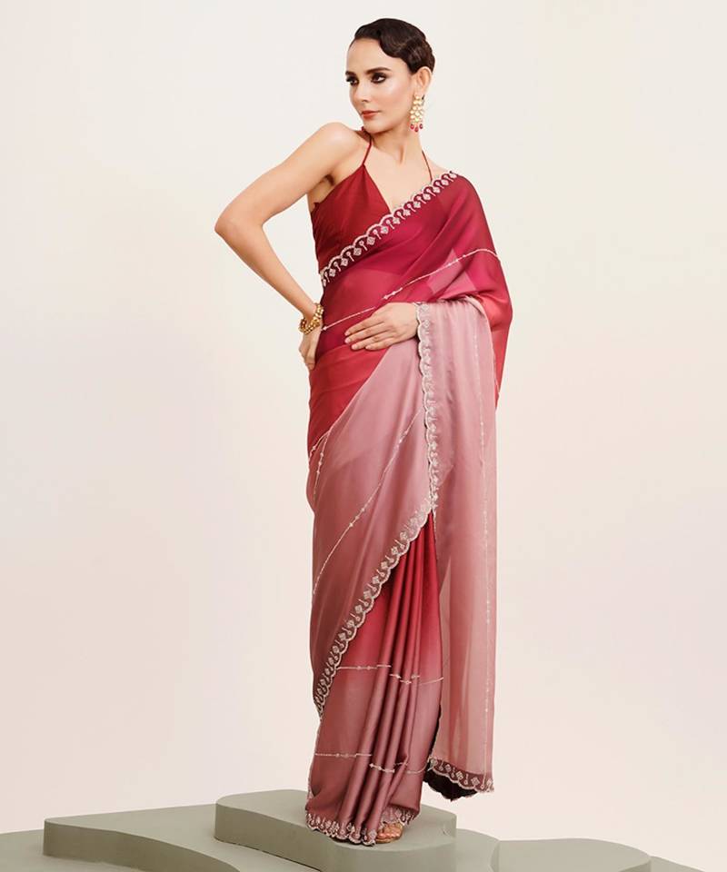 Maroon ombre beads and stones satin saree with blouse