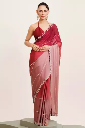Maroon ombre beads and stones satin saree with blouse