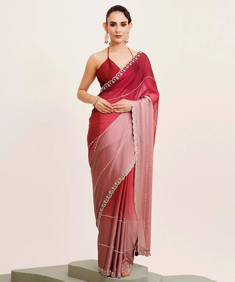 Maroon ombre beads and stones satin saree with blouse
