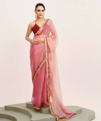 Peach designer tissue saree with blouse 1