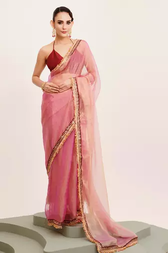 Peach designer tissue saree with blouse