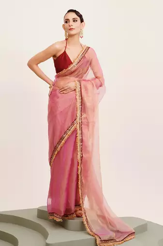 Peach designer tissue saree with blouse
