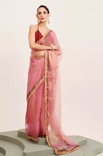 Peach designer tissue saree with blouse