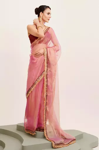 Peach designer tissue saree with blouse