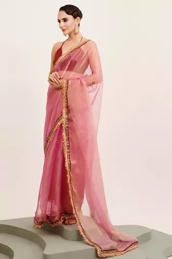 Peach designer tissue saree with blouse