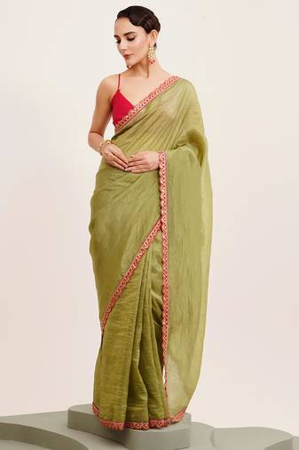 Green  designer solid sequinned tissue saree with blouse