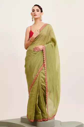 Green  designer solid sequinned tissue saree with blouse