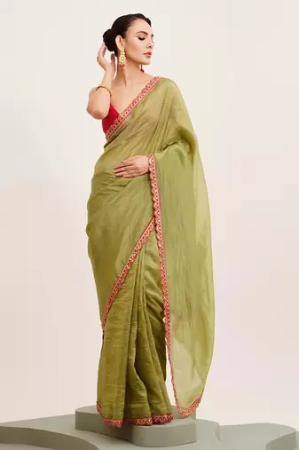 Green  designer solid sequinned tissue saree with blouse
