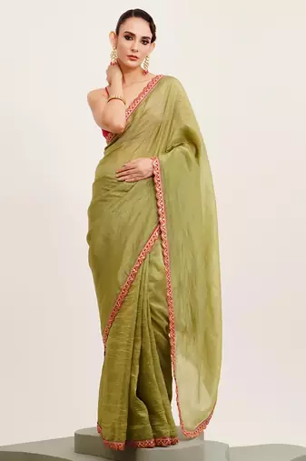 Green  designer solid sequinned tissue saree with blouse