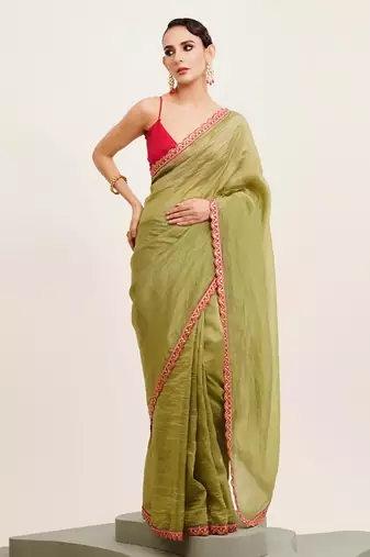 Green  designer solid sequinned tissue saree with blouse