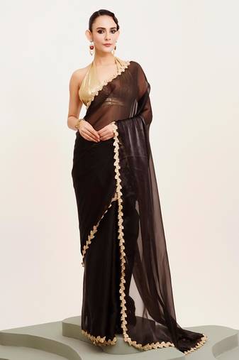Black solid organza saree with embellished border