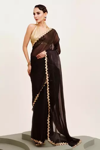 Black solid organza saree with embellished border