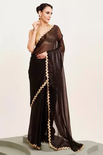 Black solid organza saree with embellished border