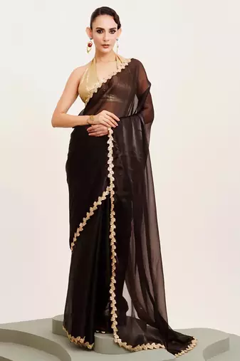 Black solid organza saree with embellished border