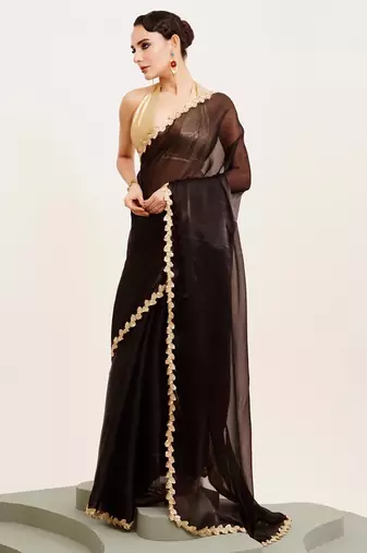 Black solid organza saree with embellished border