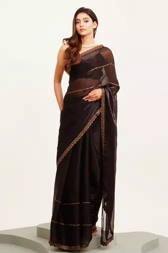 Black embellished beads and stones saree with blouse