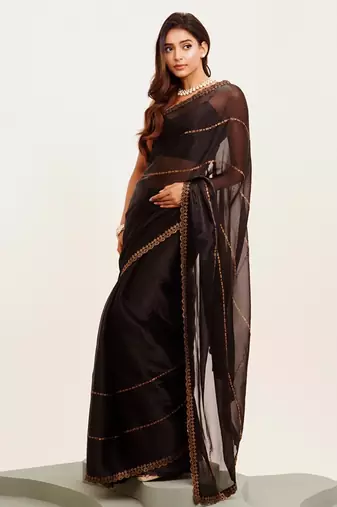 Black embellished beads and stones saree with blouse