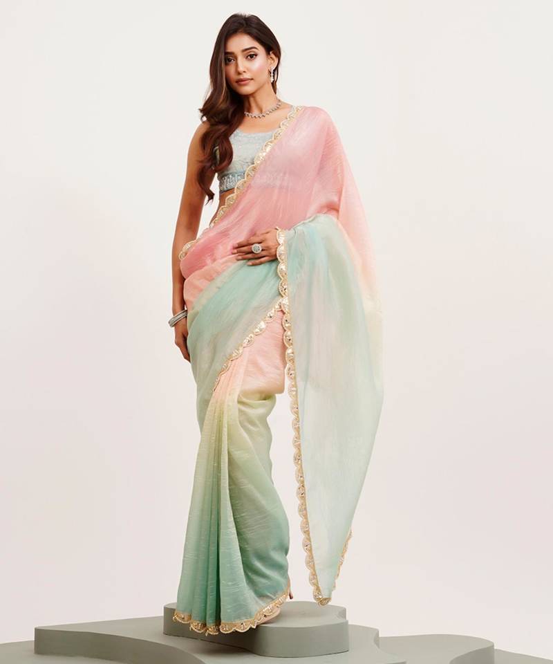 Pink and green ombre sequinned tissue saree