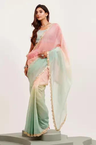 Pink and green ombre sequinned tissue saree
